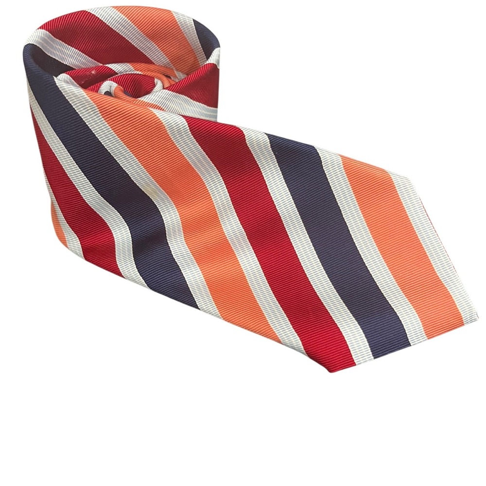 Canali Mens Silk Tie Made in Italy Orange Red Navy Blue Striped Repp Necktie